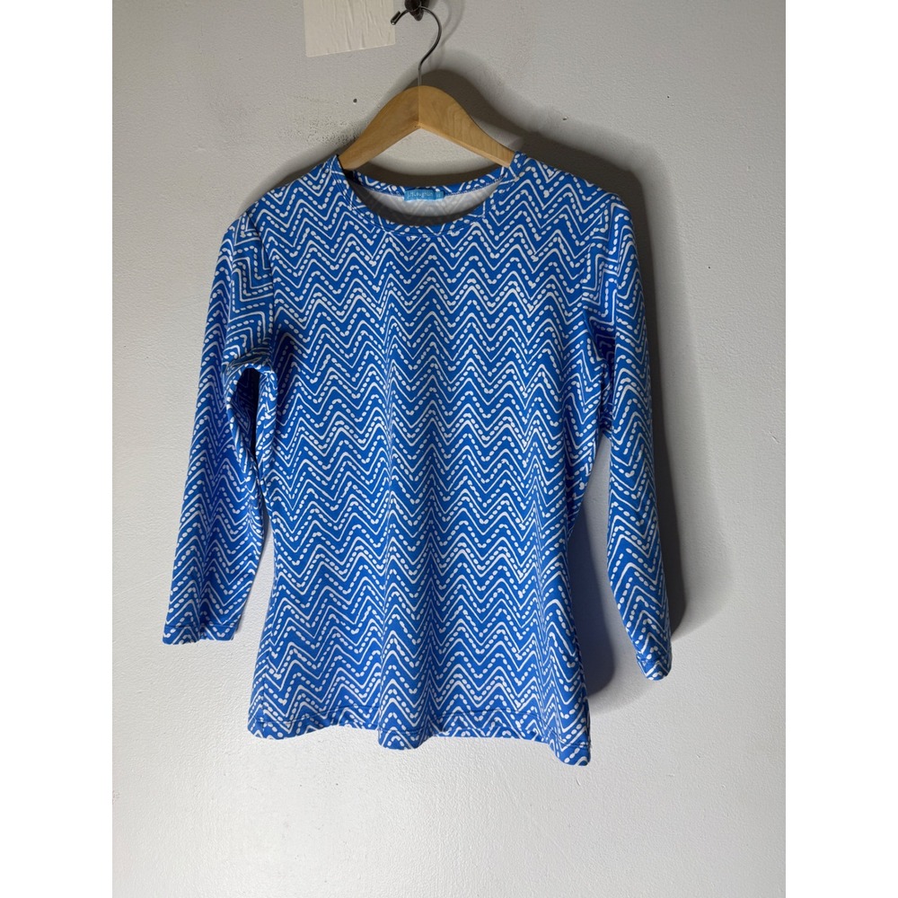 J. McLaughlin Catalina Cloth Chevron Top Blouse blue White stretch Preppy XS